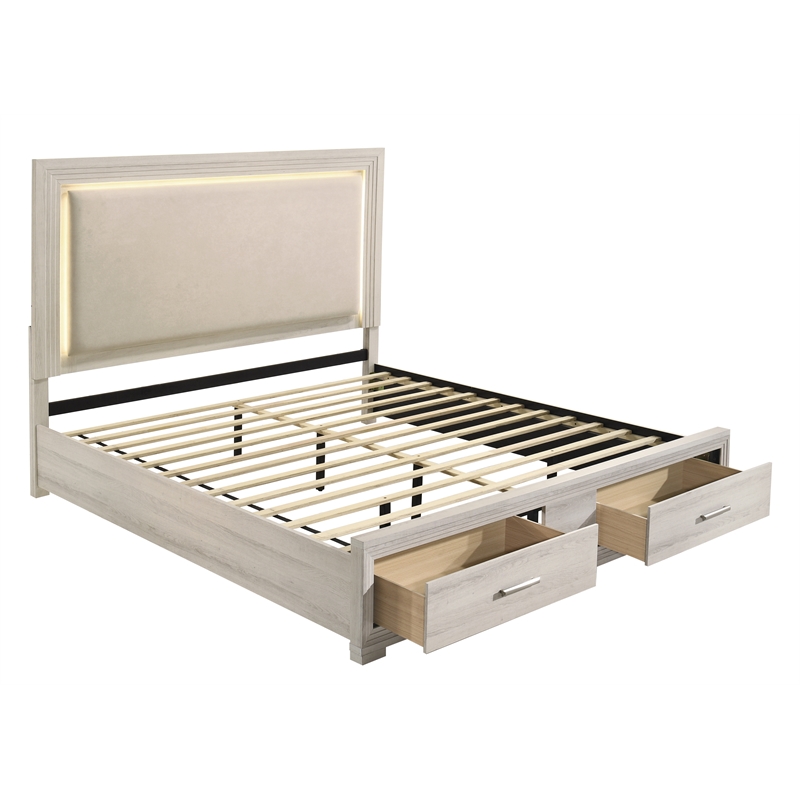 Colorado Modern Style King LED Upholstered Wood Bed in Rustic Natural