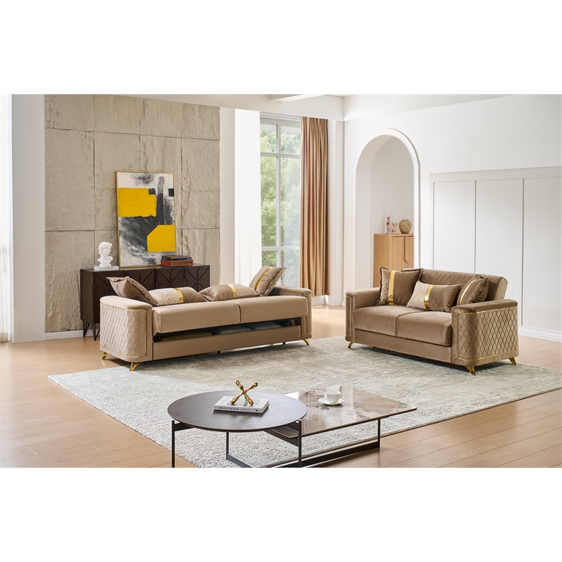 Lisa 2Pc Sofa and Loveseat Set in Copper with Birch Wood