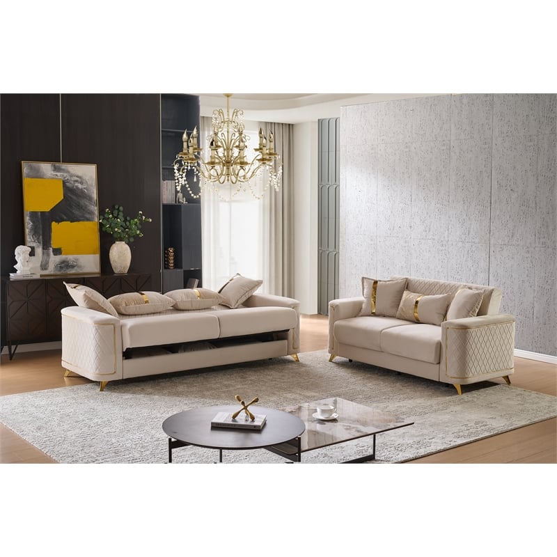 Lisa 2Pc Sofa and Loveseat Set in Ivory with Birch Wood