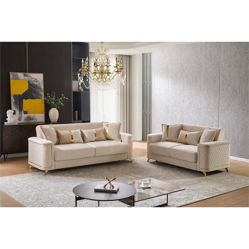Lisa 2Pc Sofa and Loveseat Set in Ivory with Birch Wood