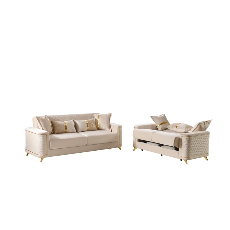 Lisa 2Pc Sofa and Loveseat Set in Ivory with Birch Wood