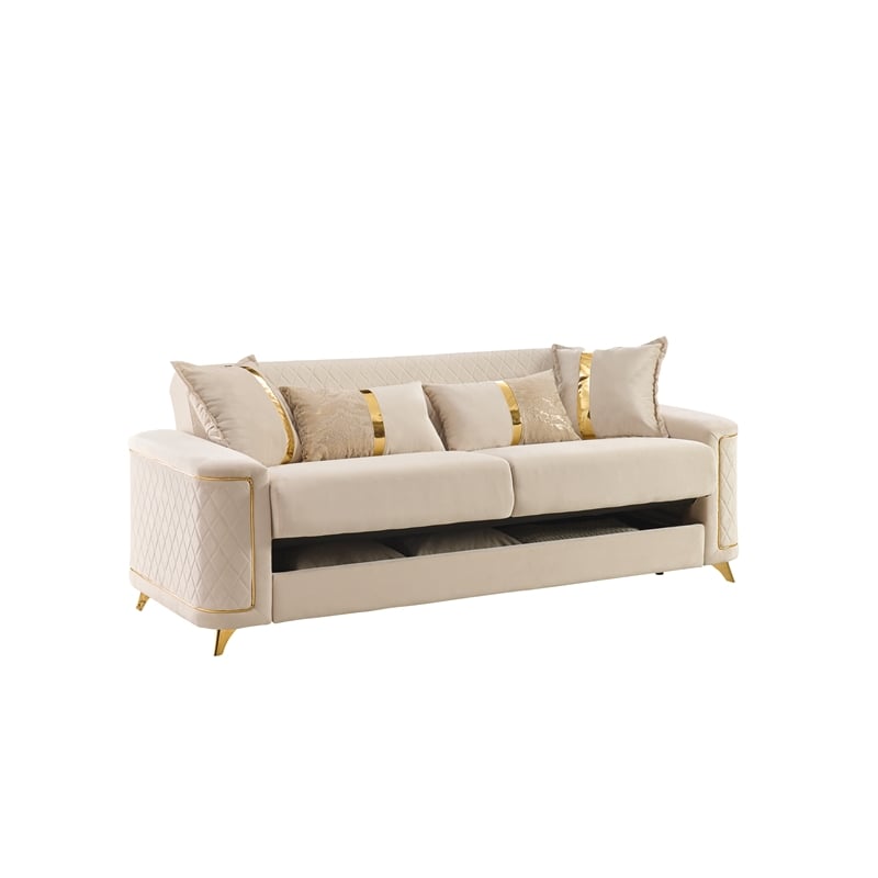 Lisa 2Pc Sofa and Loveseat Set in Ivory with Birch Wood