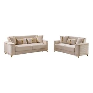 Lisa 2Pc Sofa and Loveseat Set in Ivory with Birch Wood