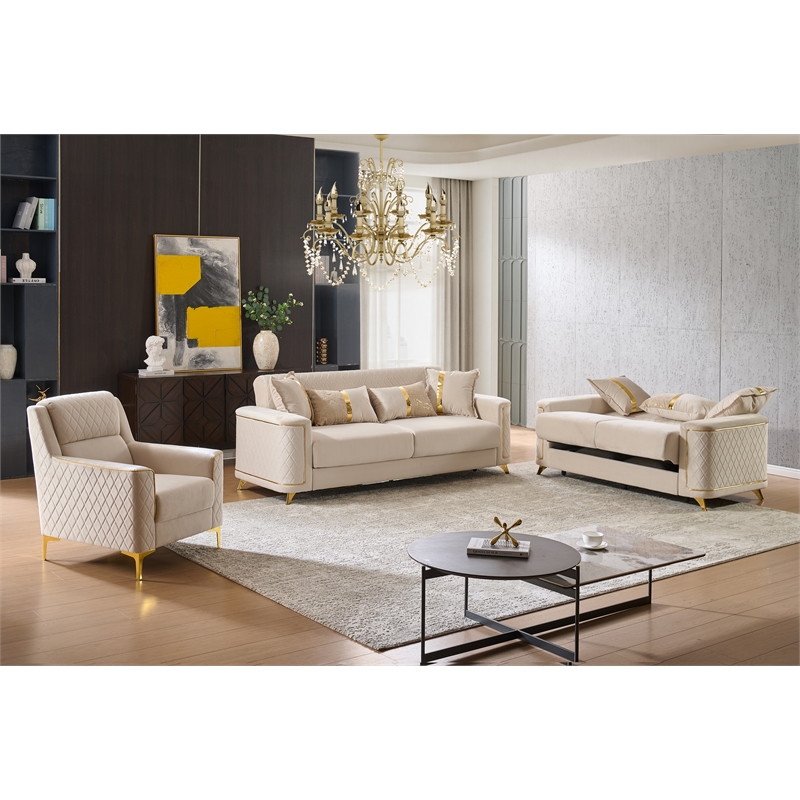 Lisa 3Pc Sofa Loveseat and Chair Set in Ivory Wood Frame