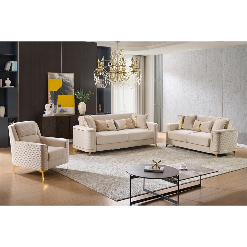 Lisa 3Pc Sofa Loveseat and Chair Set in Ivory Wood Frame