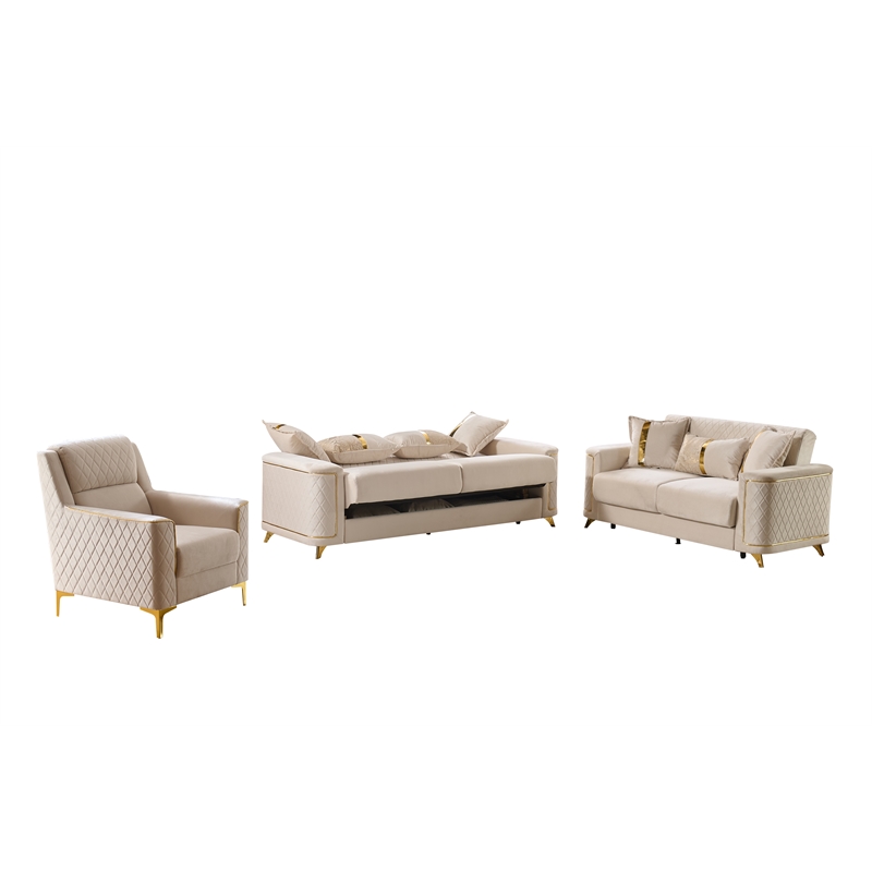 Lisa 3Pc Sofa Loveseat and Chair Set in Ivory Wood Frame