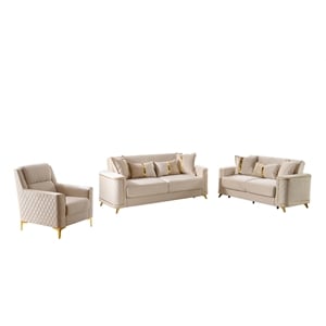 Lisa 3Pc Sofa Loveseat and Chair Set in Ivory Wood Frame