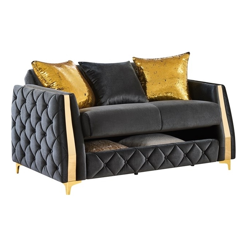 Lippa Modern Loveseat Sleeper with Storage and Gold Legs in Black