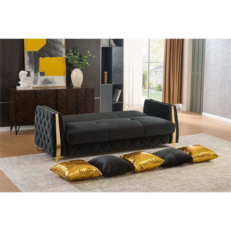 Lippa Modern 3-Seat Sofa Sleeper with Storage and Gold Legs in Black