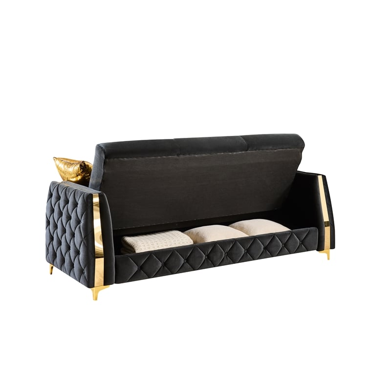 Lippa Modern 3-Seat Sofa Sleeper with Storage and Gold Legs in Black