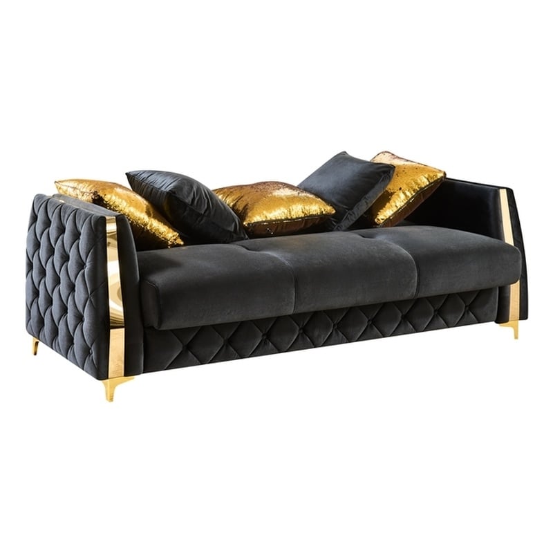Lippa Modern 3-Seat Sofa Sleeper with Storage and Gold Legs in Black