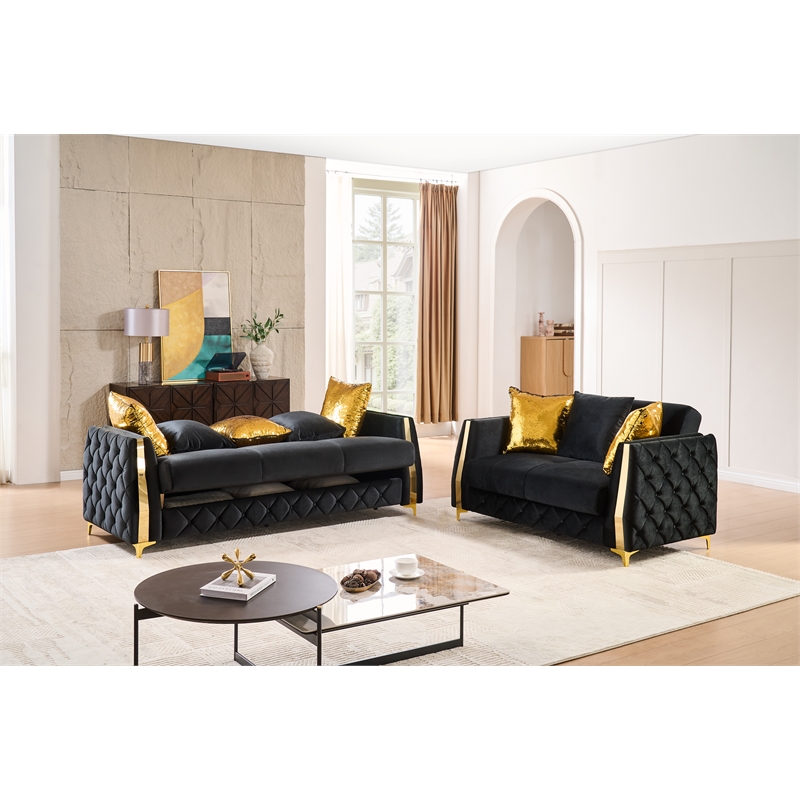 Lippa Modern 2Pc Sofa and Loveseat Sleeper Set with Storage in Black