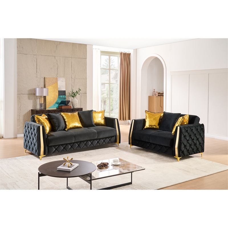 Lippa Modern 2Pc Sofa and Loveseat Sleeper Set with Storage in Black