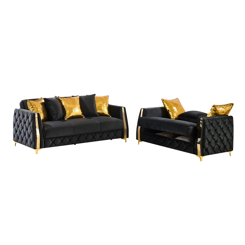 Lippa Modern 2Pc Sofa and Loveseat Sleeper Set with Storage in Black