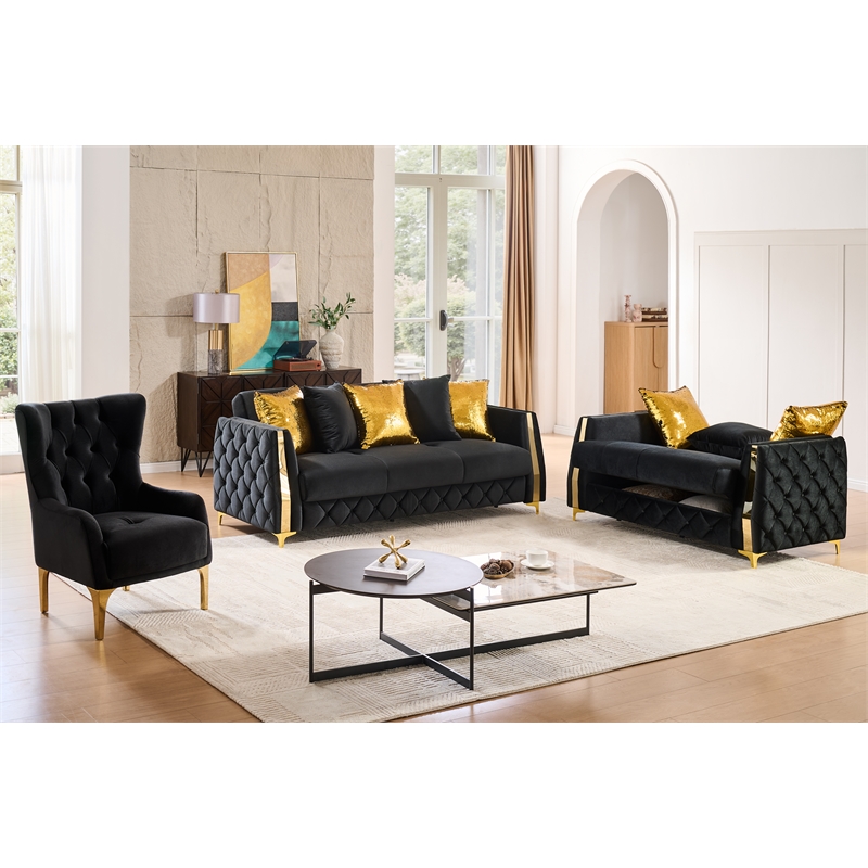 Lippa Modern 3Pc Sofa and Loveseat Sleeper Set with Storage in Black
