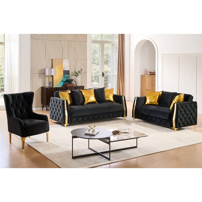 Lippa Modern 3Pc Sofa and Loveseat Sleeper Set with Storage in Black