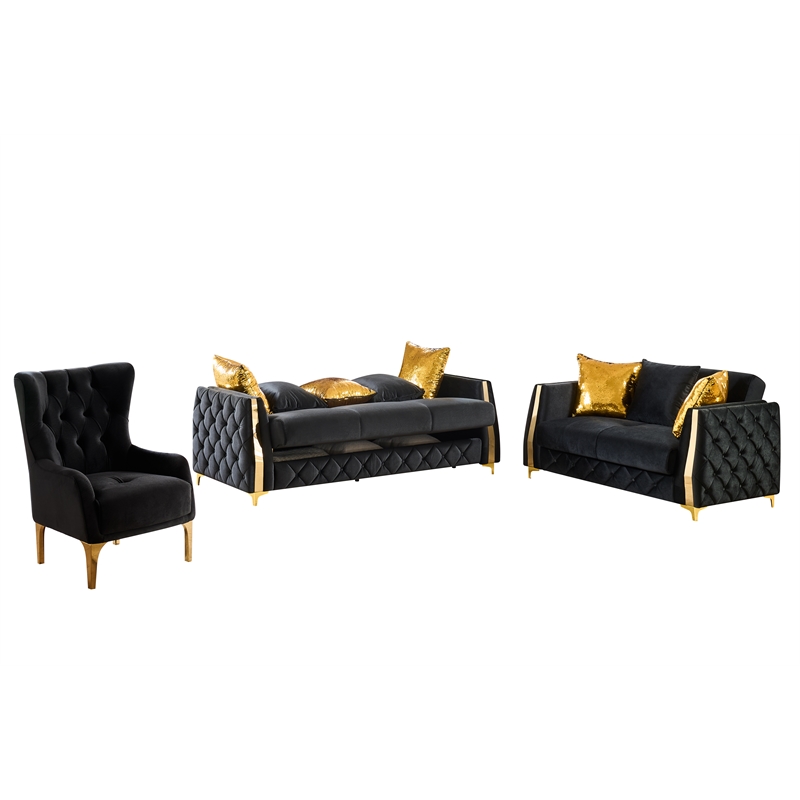 Lippa Modern 3Pc Sofa and Loveseat Sleeper Set with Storage in Black