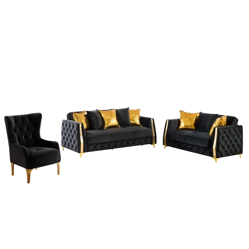 Lippa Modern 3Pc Sofa and Loveseat Sleeper Set with Storage in Black