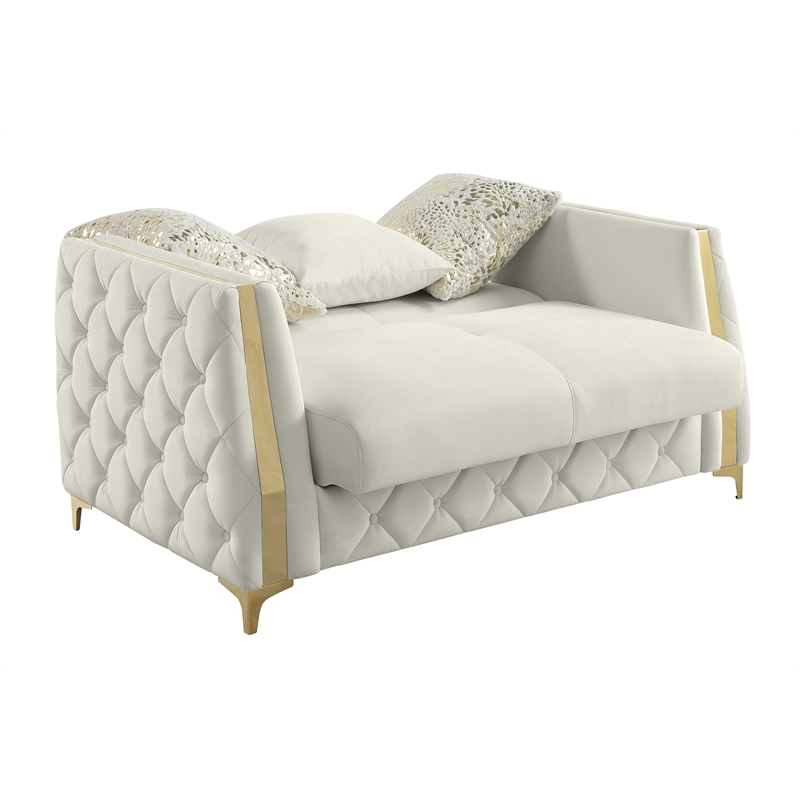 Lippa Modern Loveseat Sleeper with Storage and Gold Legs in White