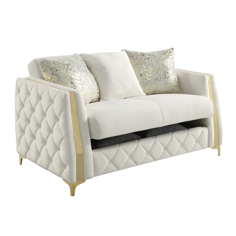 Lippa Modern Loveseat Sleeper with Storage and Gold Legs in White