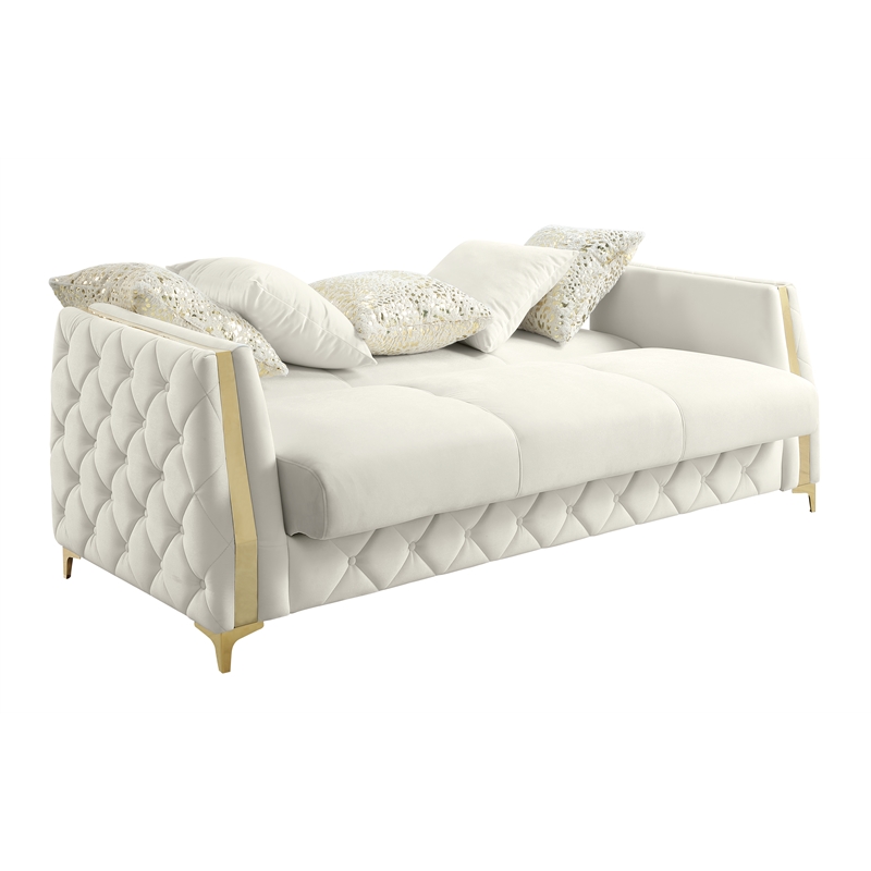 Lippa Modern 3-Seat Sofa Sleeper with Storage and Gold Legs in White