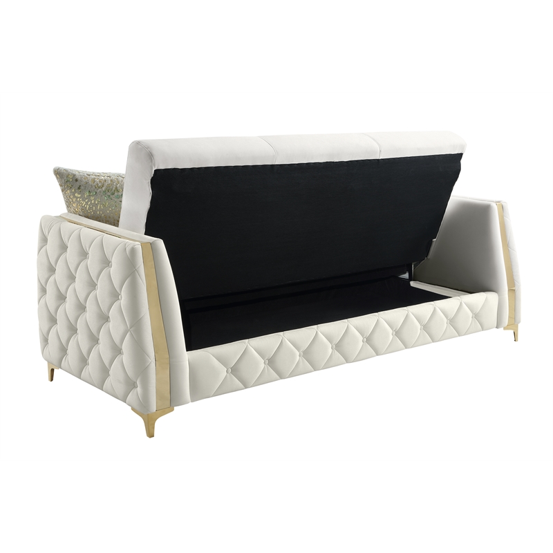 Lippa Modern 3-Seat Sofa Sleeper with Storage and Gold Legs in White