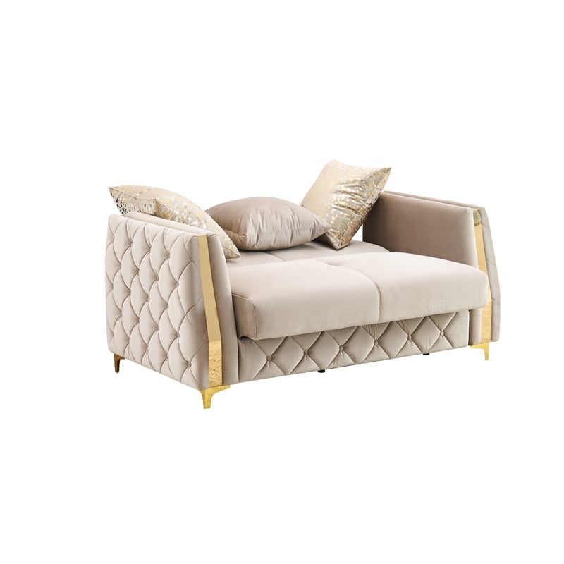 Lippa Modern Loveseat Sleeper with Storage and Gold Legs in Taupe