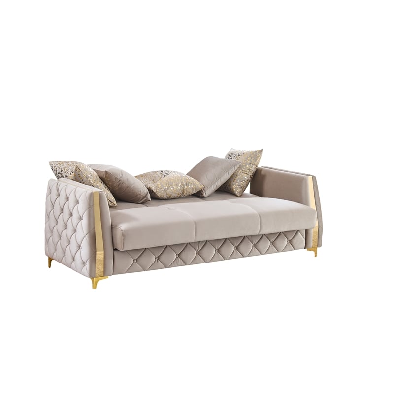 Lippa Modern 3-Seat Sofa Sleeper with Storage and Gold Legs in Taupe