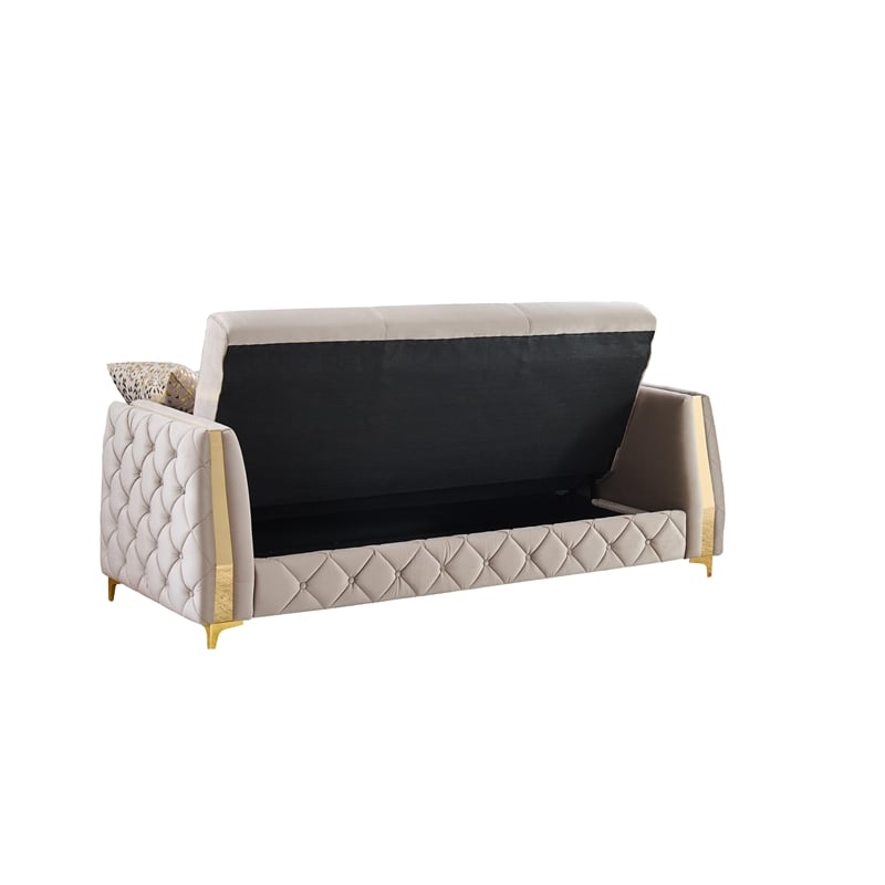 Lippa Modern 3-Seat Sofa Sleeper with Storage and Gold Legs in Taupe