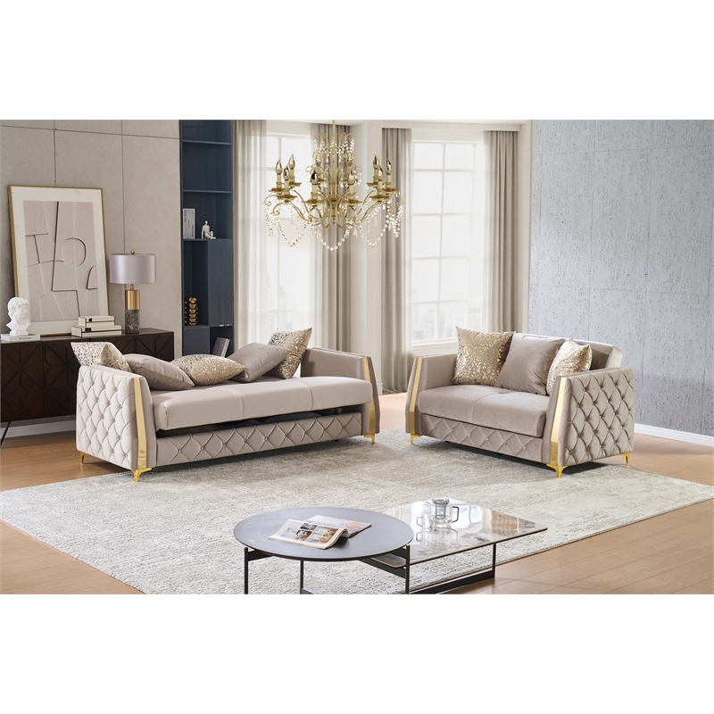 Lippa Modern 2Pc Sofa and Loveseat Sleeper Set with Storage in Taupe