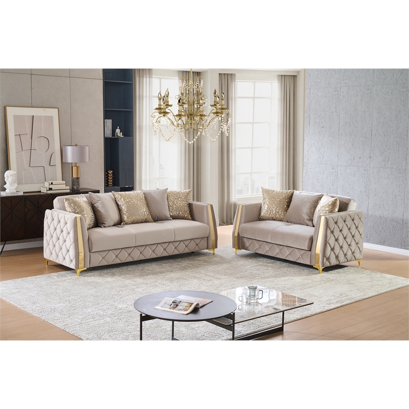 Lippa Modern 2Pc Sofa and Loveseat Sleeper Set with Storage in Taupe