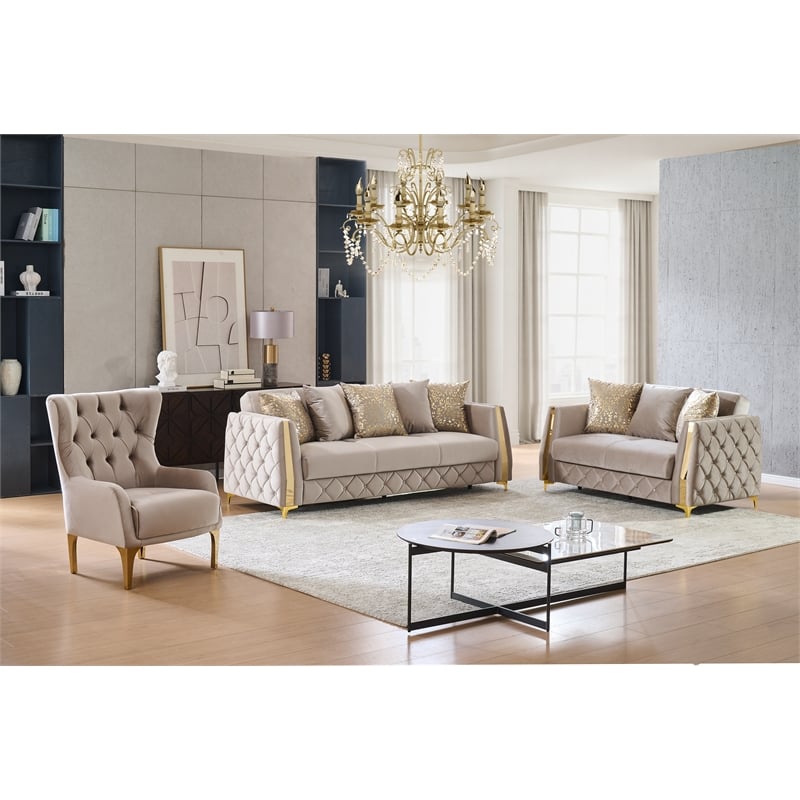 Lippa Modern 3Pc Sofa and Loveseat Sleeper Set with Storage in Taupe