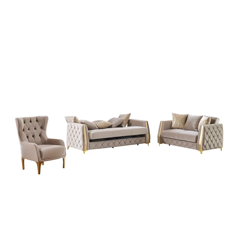 Lippa Modern 3Pc Sofa and Loveseat Sleeper Set with Storage in Taupe