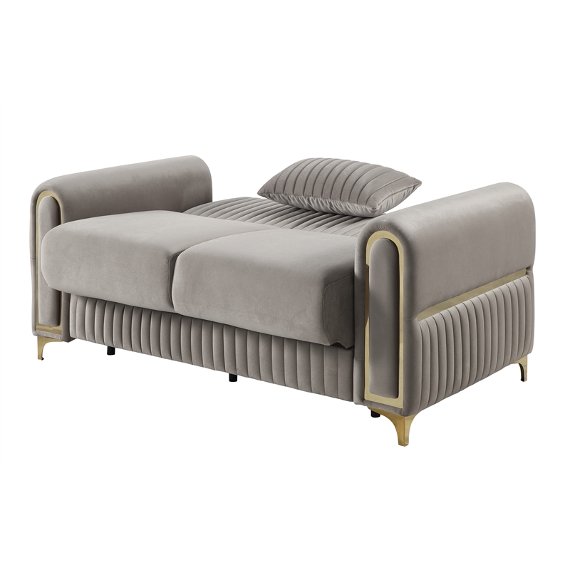 Ruby Modern Upholstered Loveseat in Taupe with Gold Stainless Steel Legs