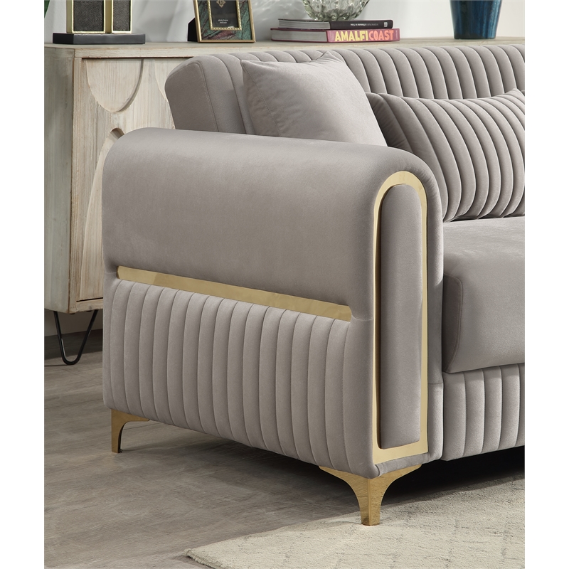Ruby Modern Upholstered Loveseat in Taupe with Gold Stainless Steel Legs