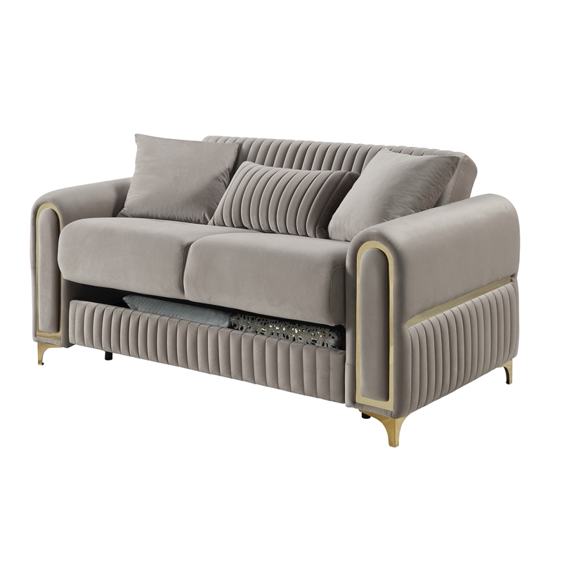 Ruby Modern Upholstered Loveseat in Taupe with Gold Stainless Steel Legs