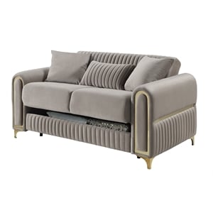 Ruby Modern Upholstered Loveseat in Taupe with Gold Stainless Steel Legs