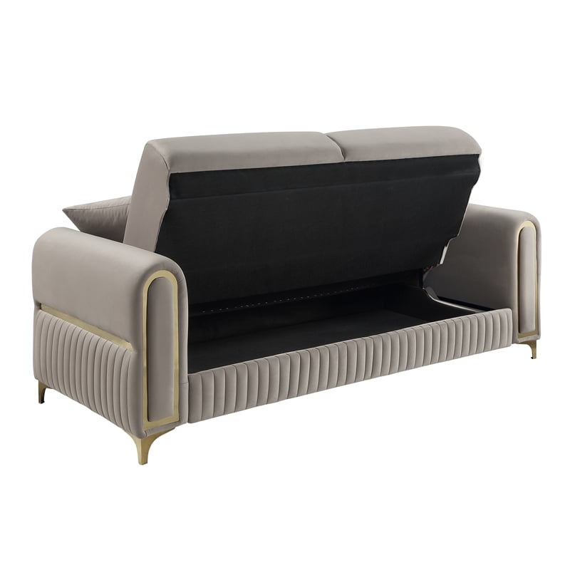 Ruby Modern Upholstered 3-Seat Sofa in Taupe with Gold Stainless Steel Legs