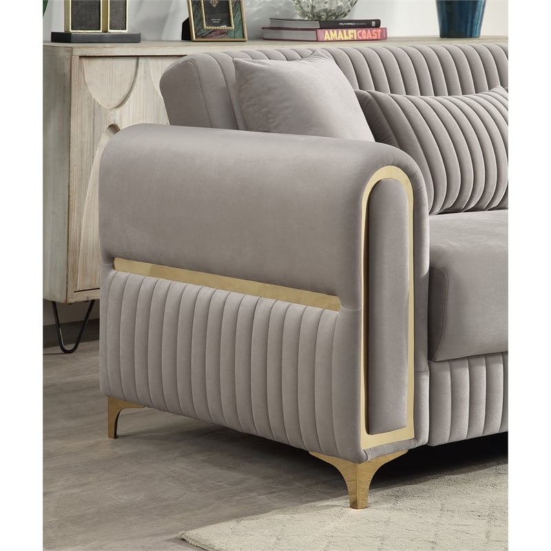 Ruby Modern Upholstered 3-Seat Sofa in Taupe with Gold Stainless Steel Legs