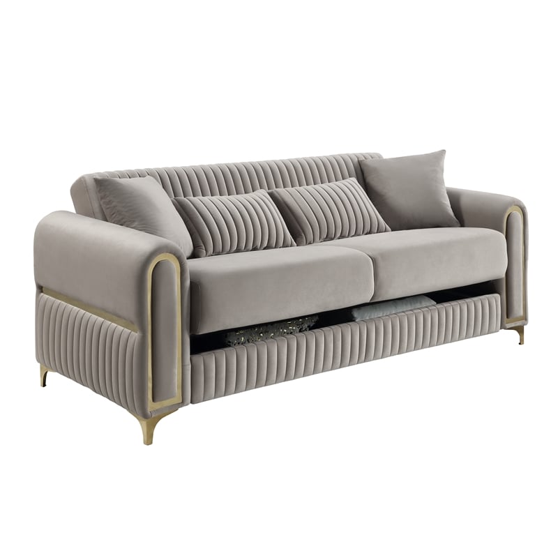 Ruby Modern Upholstered 3-Seat Sofa in Taupe with Gold Stainless Steel Legs