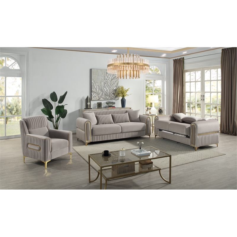Ruby 3Pc Modern Upholstered Sofa Loveseat and Chair Set in Taupe