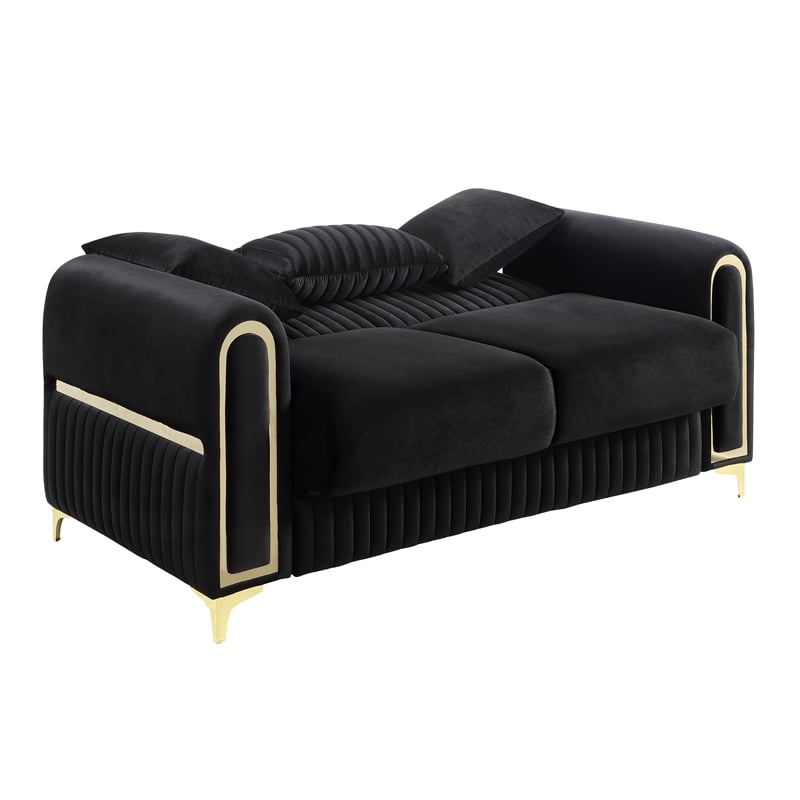 Ruby Modern Upholstered Loveseat in Black with Gold Stainless Steel Legs