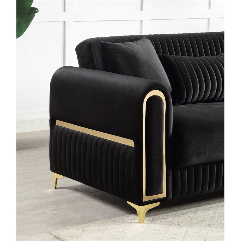 Ruby Modern Upholstered Loveseat in Black with Gold Stainless Steel Legs