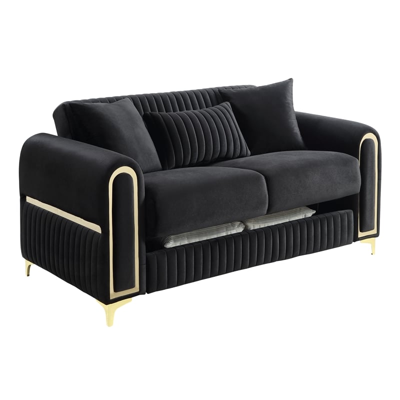 Ruby Modern Upholstered Loveseat in Black with Gold Stainless Steel Legs
