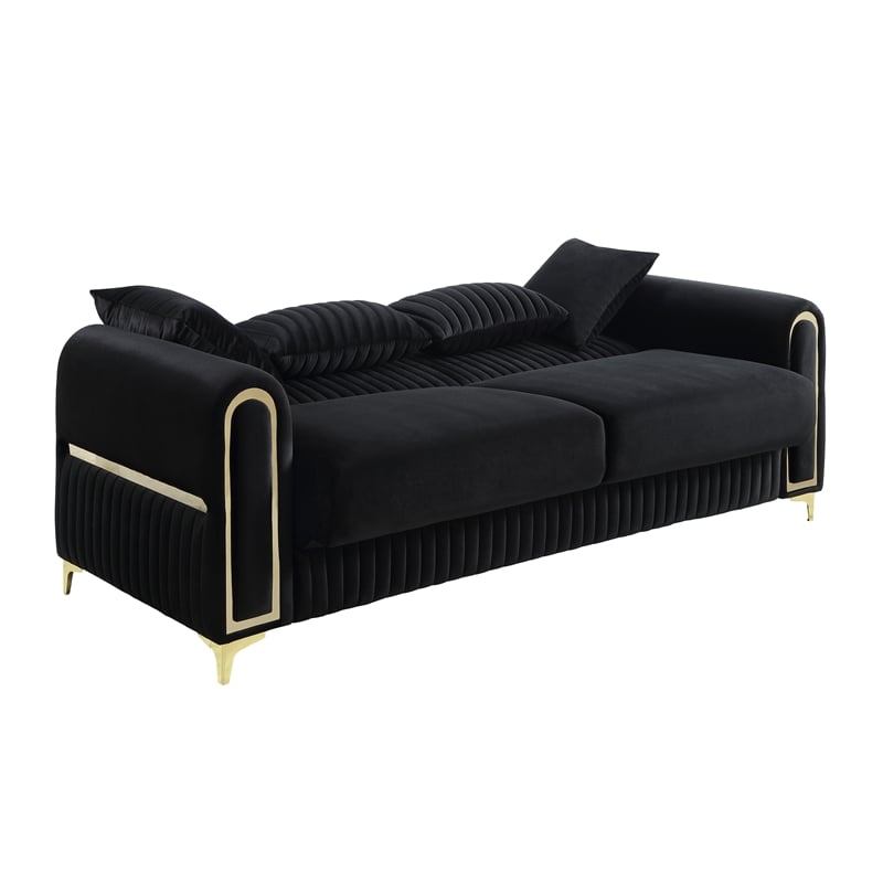 Ruby Modern Upholstered 3-Seat Sofa in Black with Gold Stainless Steel Legs