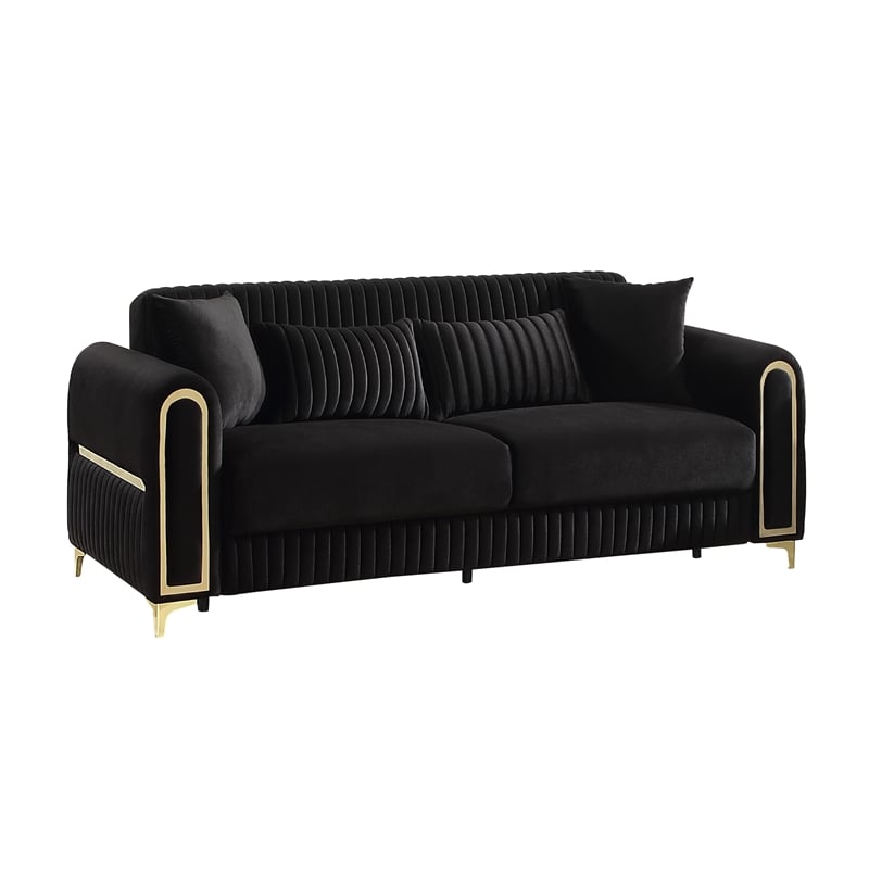 Ruby Modern Upholstered 3-Seat Sofa in Black with Gold Stainless Steel Legs