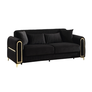 Ruby Modern Upholstered 3-Seat Sofa in Black with Gold Stainless Steel Legs