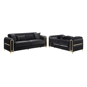 Ruby 2Pc Modern Upholstered Sofa and Loveseat Set in Black