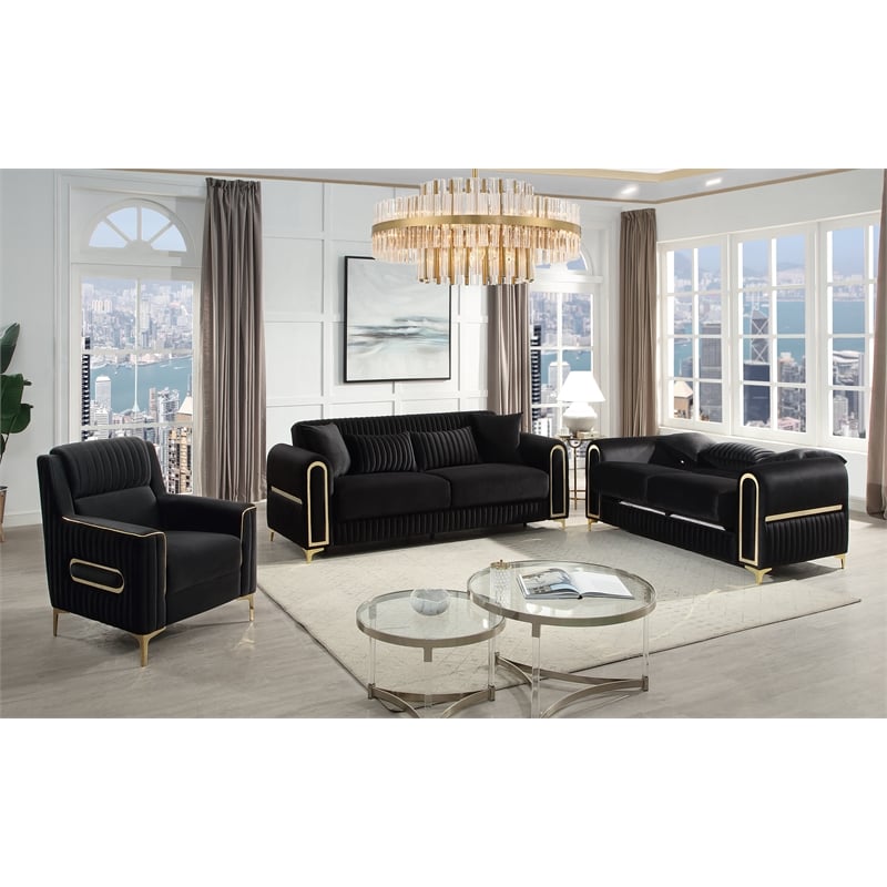 Ruby 3Pc Modern Upholstered Sofa Loveseat and Chair Set in Black