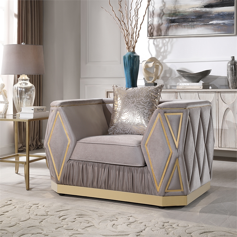 Cavalli Upholstery Diamond Pattern Chair Made with Wood in Gold accent and Taupe